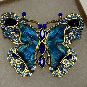 Statement Blue Butterfly Crystal Brooch ~ Gold-Tone Art Nouveau Glam